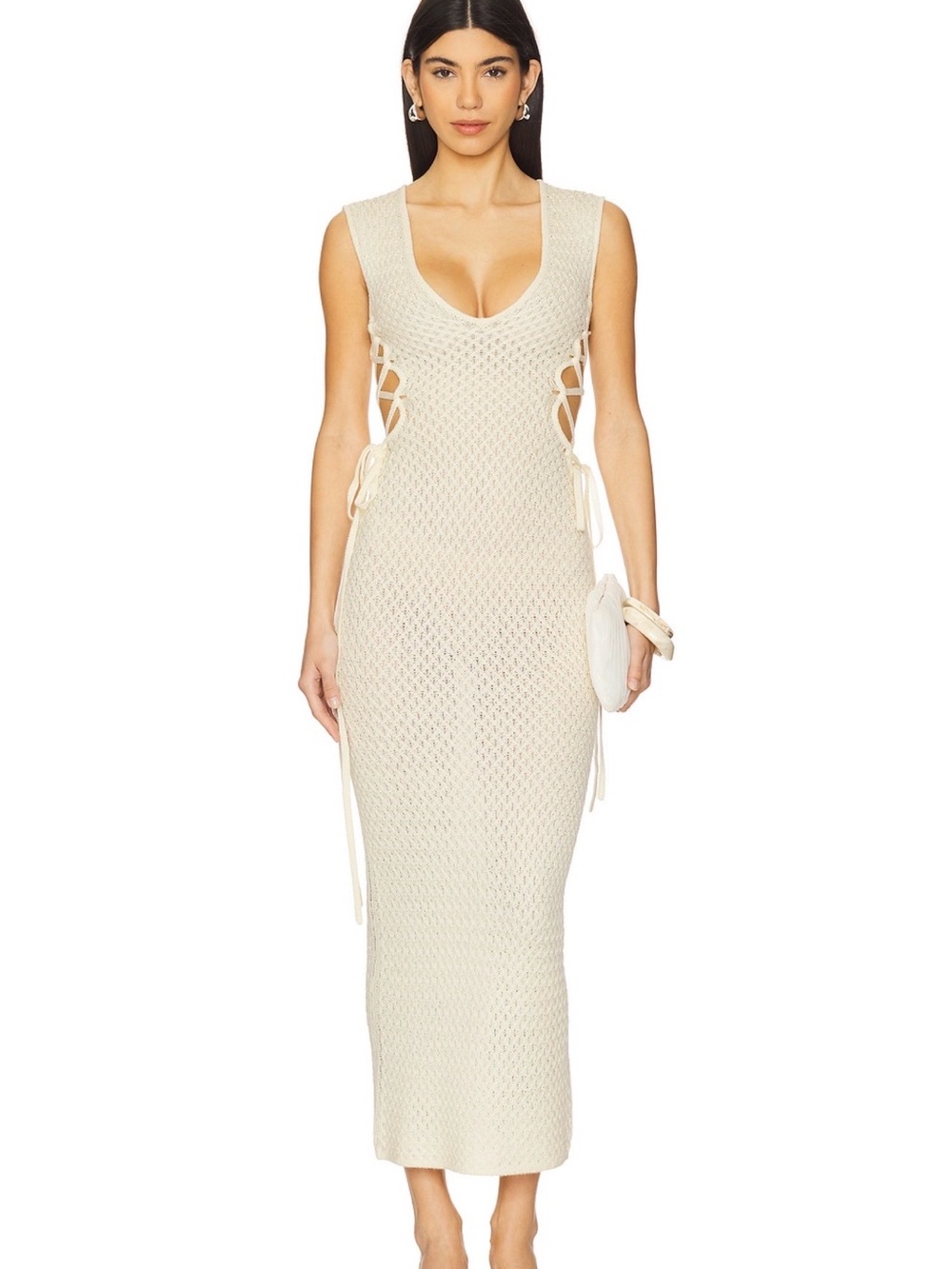 Knit Lace-Up Maxi Dress in Cream